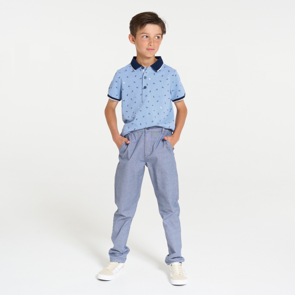 قميص بولو أزرق بأكمام قصيرة من جيرسيه مضلع للأولاد